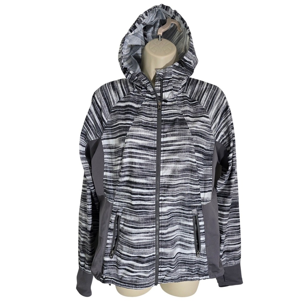 Marmot Full Zip Hooded Jacket Women's M/M Black White Stripe Athleisure Workout